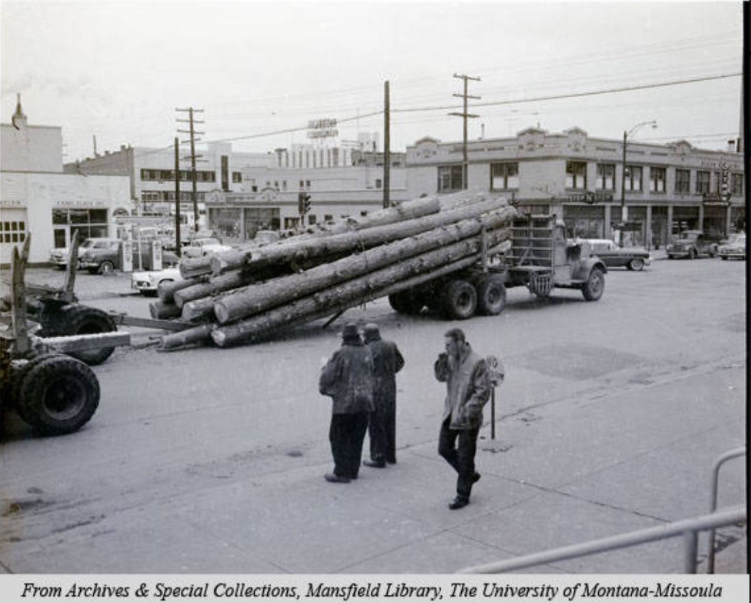 Broken logging truck on Broadway Avenue